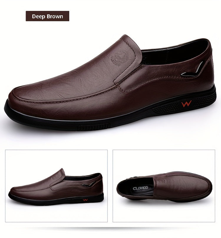 CLOHOO Men's Slip-On Casual Shoes - Genuine Leather Upper, Rubber Sole with PU Cushioned Insole, All-Season Comfort for Business & Vacation, Brown/Black, Casual Footwear | Classic Slipon | Rubber Sole Footwear