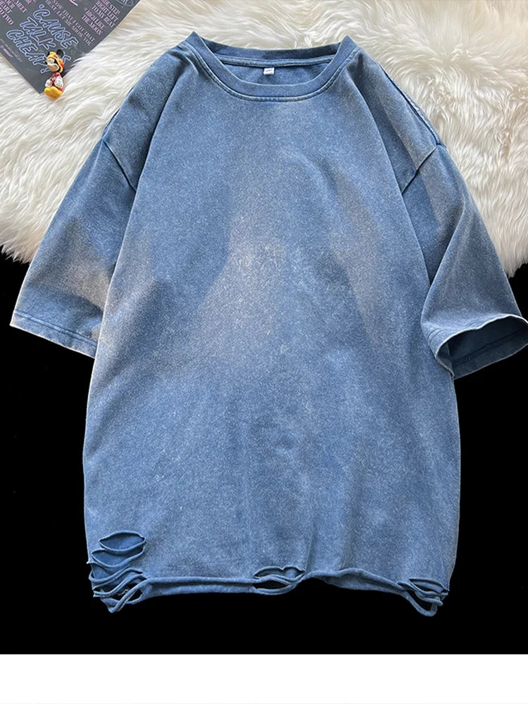 Summer Men's T-shirts 260G Thick Cotton Oversized Tee Y2K Retro Streetwear Unisex Tops Big Size Distreessed Loose Ripped Tshirts