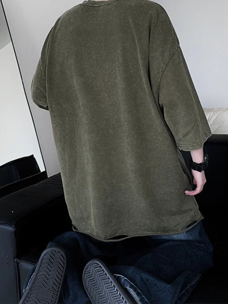 Summer Men's T-shirts 260G Thick Cotton Oversized Tee Y2K Retro Streetwear Unisex Tops Big Size Distreessed Loose Ripped Tshirts