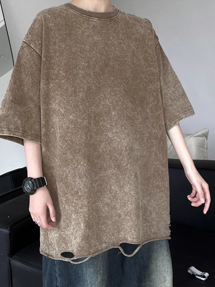 Summer Men's T-shirts 260G Thick Cotton Oversized Tee Y2K Retro Streetwear Unisex Tops Big Size Distreessed Loose Ripped Tshirts