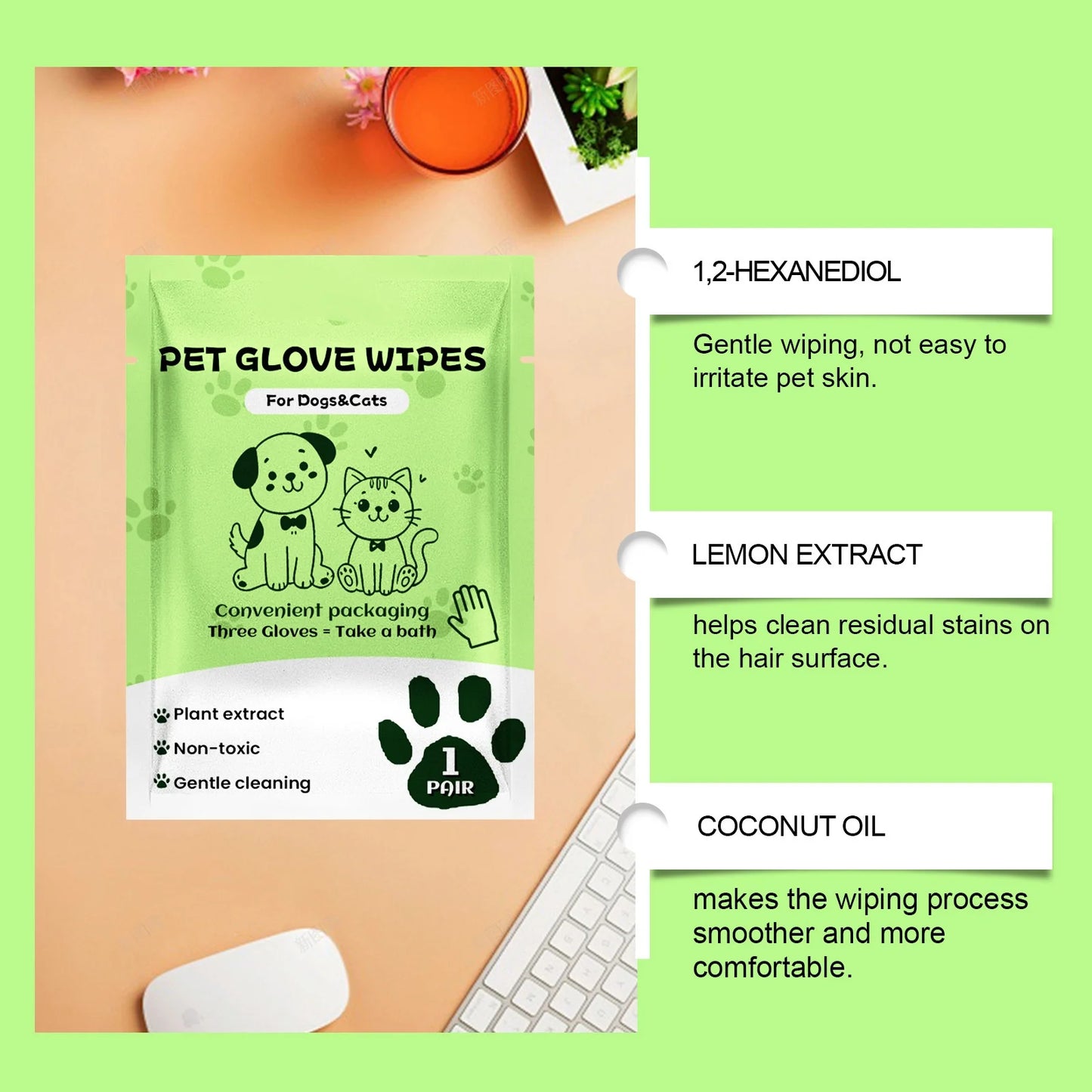 Pet glove wet wipes for dogs and cats, hypoallergenic, single-use, no rinsing required, 5-piece pack.