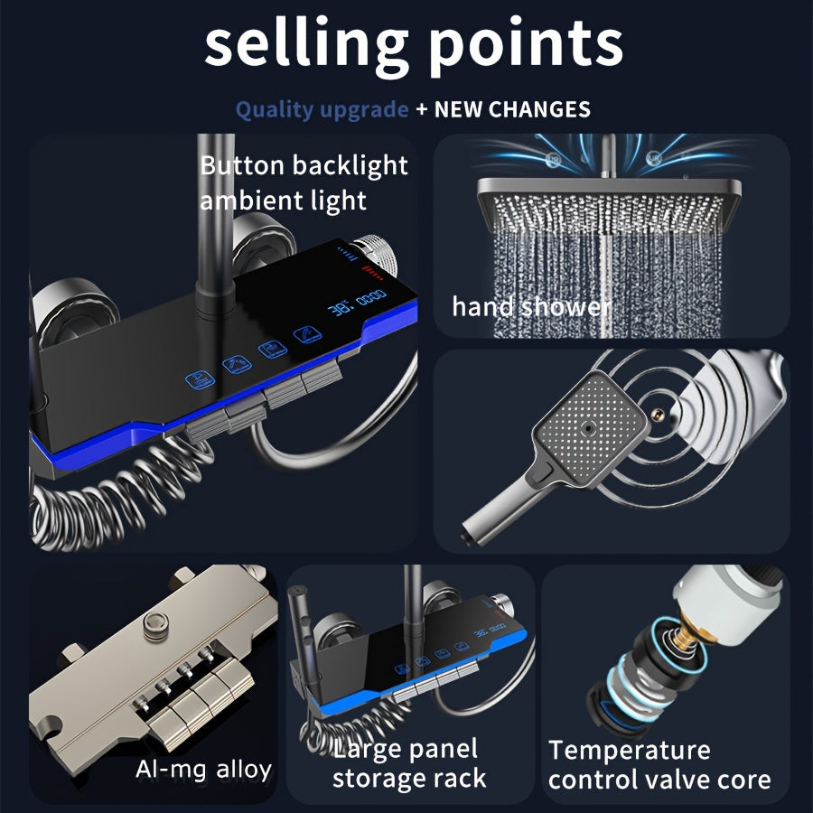 Aluminum Handheld Showerhead with Digital Temperature Display, Wall Mount Square Rainfall Shower Set with Hydroelectric Power, Ambient Lighting, Painted Finish - Water Saving, Increased Pressure Bath Set