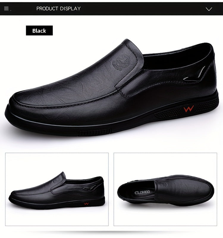 CLOHOO Men's Slip-On Casual Shoes - Genuine Leather Upper, Rubber Sole with PU Cushioned Insole, All-Season Comfort for Business & Vacation, Brown/Black, Casual Footwear | Classic Slipon | Rubber Sole Footwear