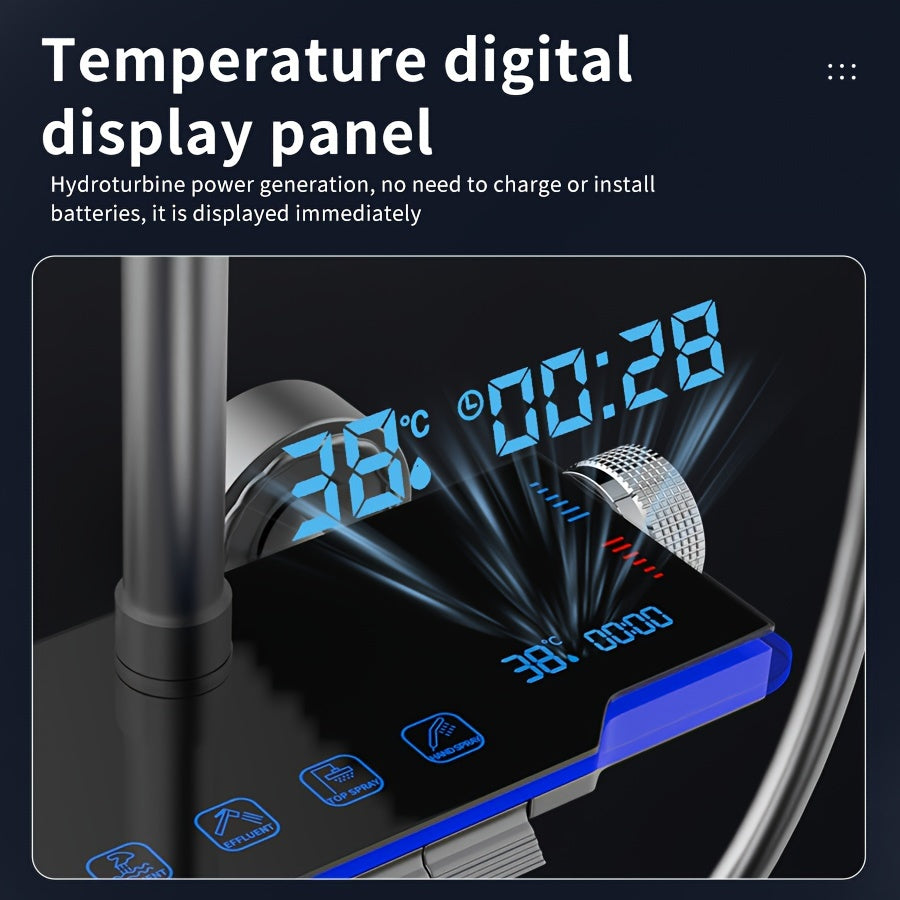 Aluminum Handheld Showerhead with Digital Temperature Display, Wall Mount Square Rainfall Shower Set with Hydroelectric Power, Ambient Lighting, Painted Finish - Water Saving, Increased Pressure Bath Set