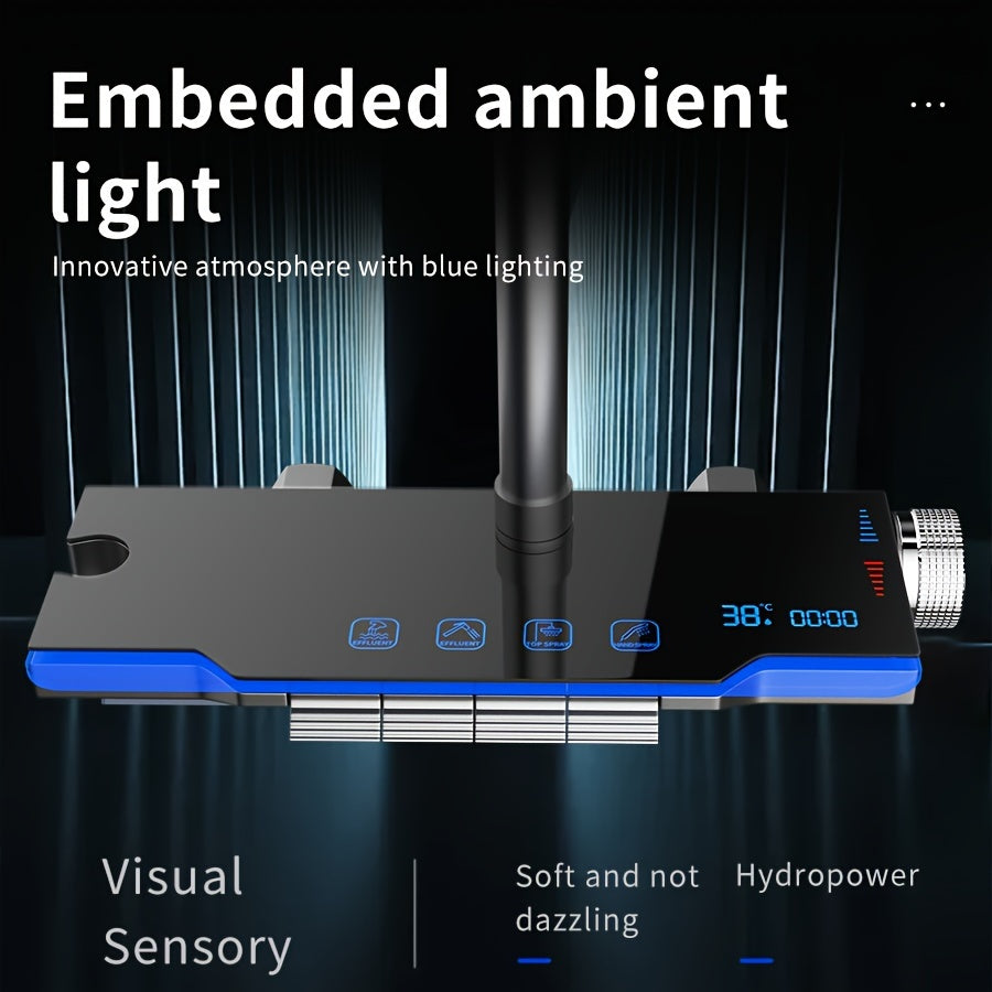 Aluminum Handheld Showerhead with Digital Temperature Display, Wall Mount Square Rainfall Shower Set with Hydroelectric Power, Ambient Lighting, Painted Finish - Water Saving, Increased Pressure Bath Set