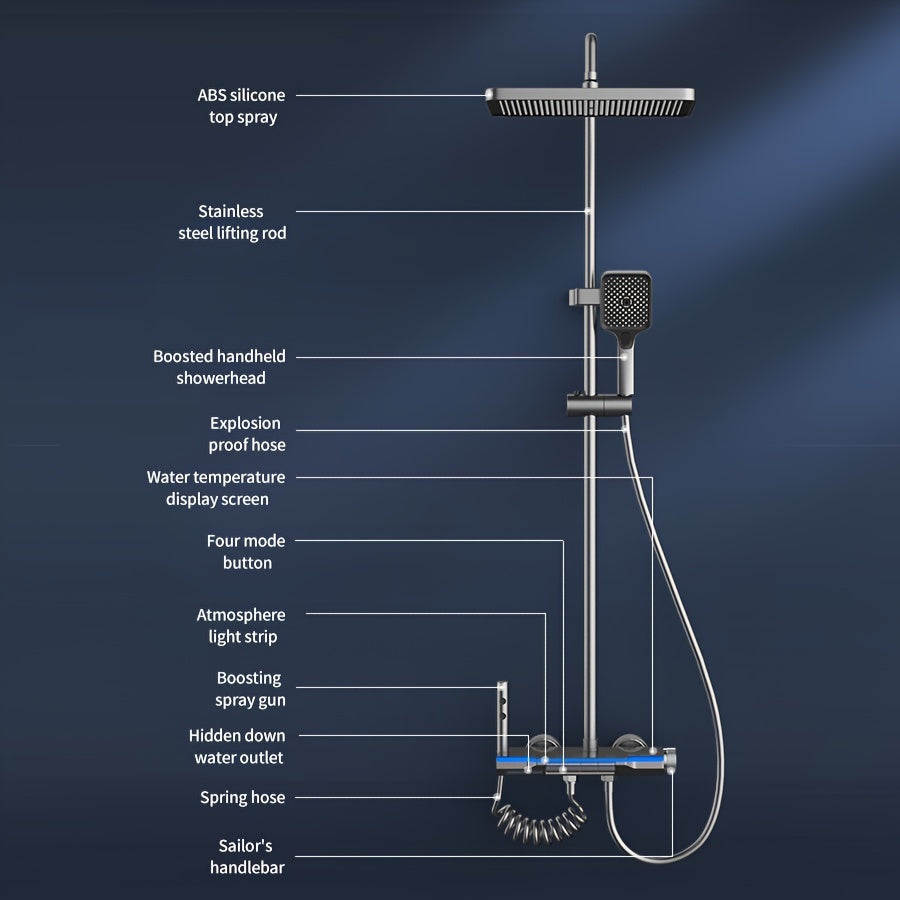 Aluminum Handheld Showerhead with Digital Temperature Display, Wall Mount Square Rainfall Shower Set with Hydroelectric Power, Ambient Lighting, Painted Finish - Water Saving, Increased Pressure Bath Set