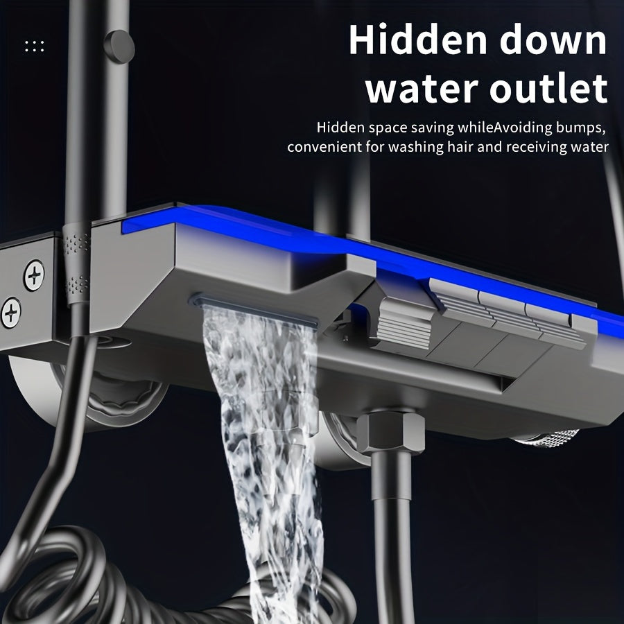 Aluminum Handheld Showerhead with Digital Temperature Display, Wall Mount Square Rainfall Shower Set with Hydroelectric Power, Ambient Lighting, Painted Finish - Water Saving, Increased Pressure Bath Set