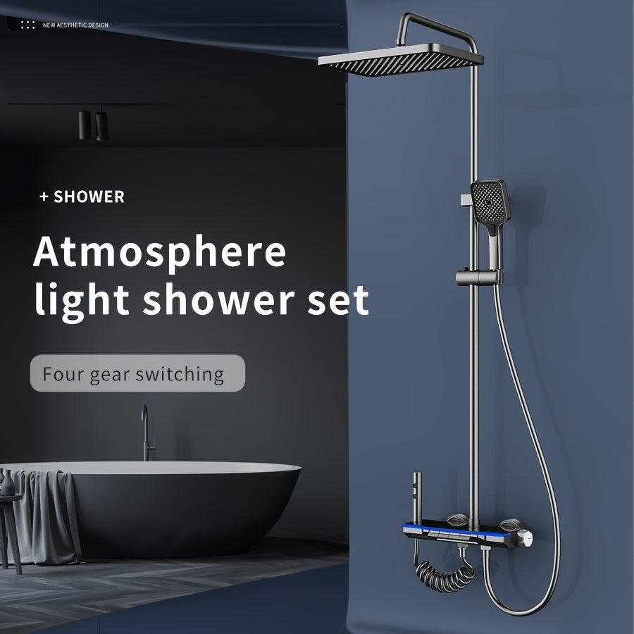 Aluminum Handheld Showerhead with Digital Temperature Display, Wall Mount Square Rainfall Shower Set with Hydroelectric Power, Ambient Lighting, Painted Finish - Water Saving, Increased Pressure Bath Set