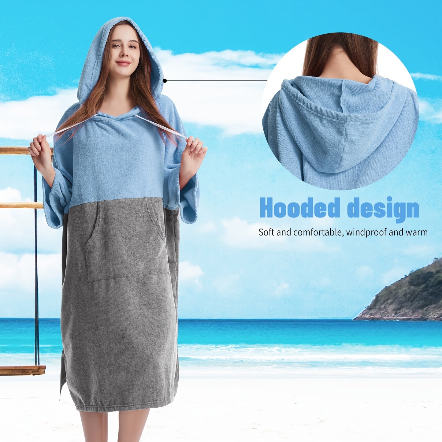 [Mutao Quick-Dry Robe] Quick-Dry Mutao Hooded Changing Robe - Cozy Terry Towel Poncho with Front Pocket, Windproof - One Size Fits All, Machine Washable