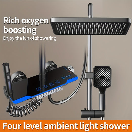 Aluminum Handheld Showerhead with Digital Temperature Display, Wall Mount Square Rainfall Shower Set with Hydroelectric Power, Ambient Lighting, Painted Finish - Water Saving, Increased Pressure Bath Set