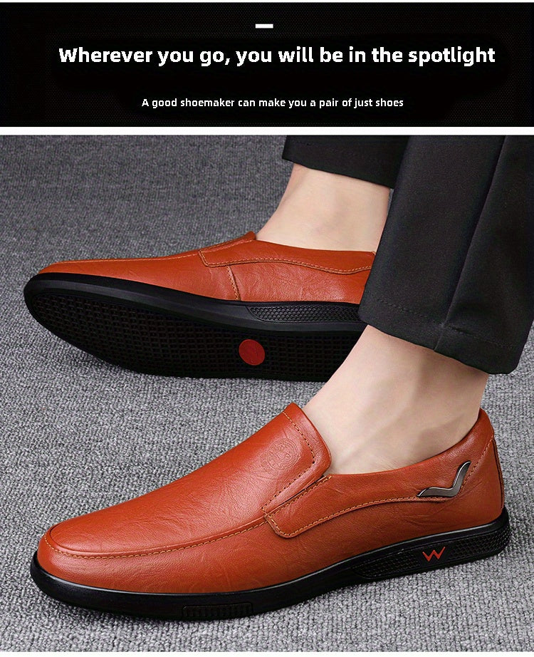CLOHOO Men's Slip-On Casual Shoes - Genuine Leather Upper, Rubber Sole with PU Cushioned Insole, All-Season Comfort for Business & Vacation, Brown/Black, Casual Footwear | Classic Slipon | Rubber Sole Footwear