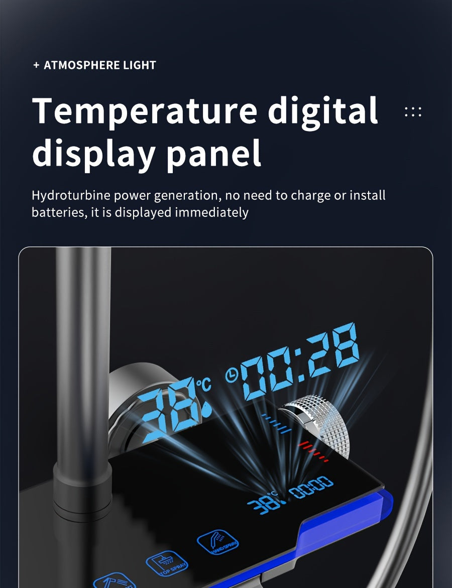 Aluminum Handheld Showerhead with Digital Temperature Display, Wall Mount Square Rainfall Shower Set with Hydroelectric Power, Ambient Lighting, Painted Finish - Water Saving, Increased Pressure Bath Set