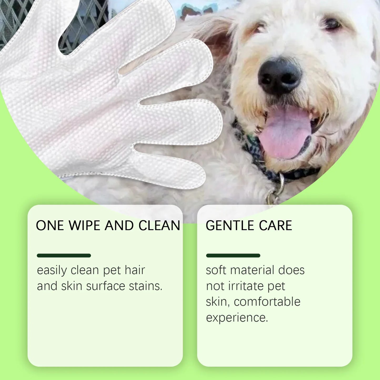 Pet glove wet wipes for dogs and cats, hypoallergenic, single-use, no rinsing required, 5-piece pack.