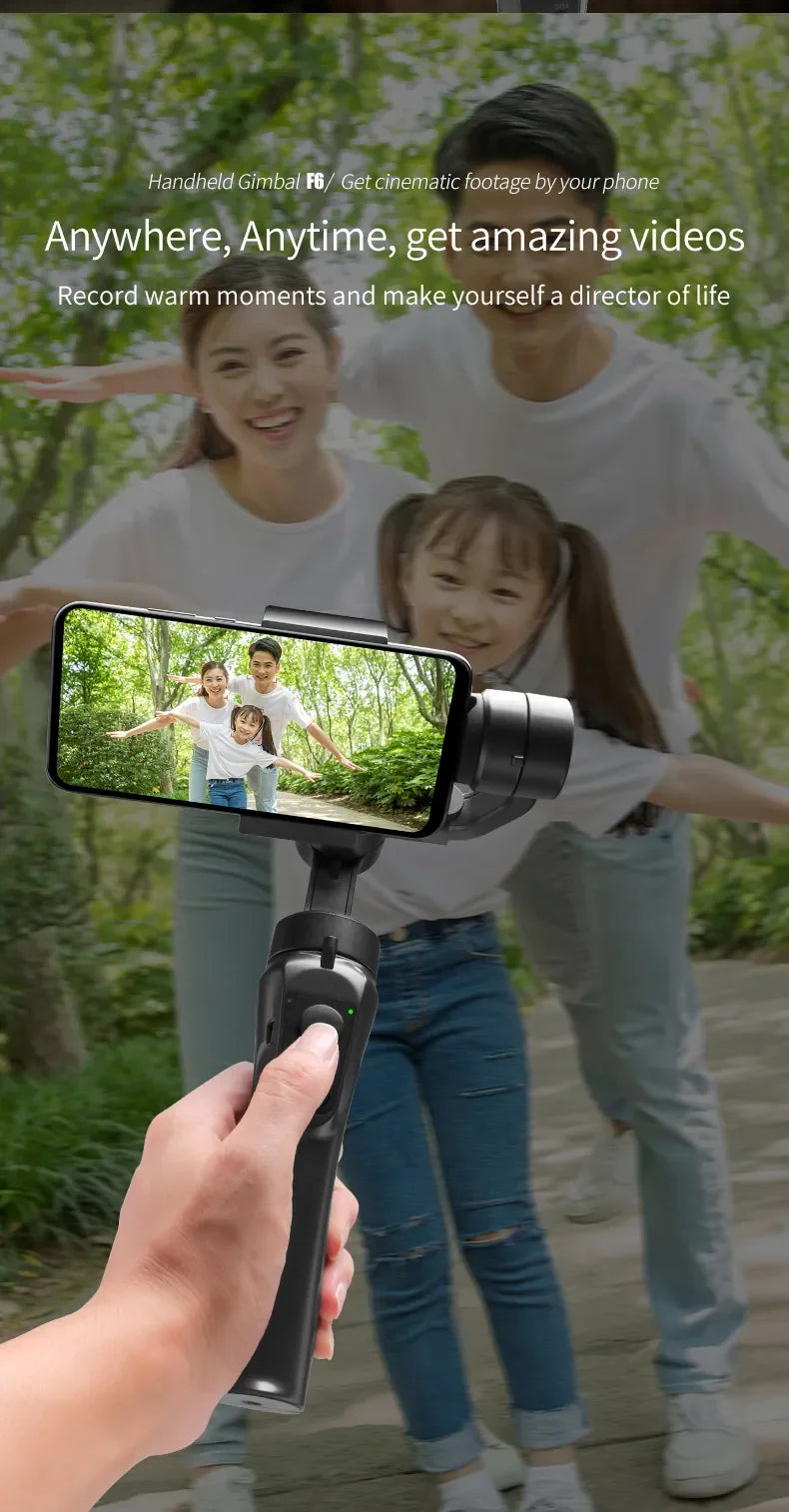 High Quality F6 Gimbal 3 Axis Cell Phone Control Flexible Handheld Camera Video Selfie Stick F6 for Face Tracking Vlog Selfie