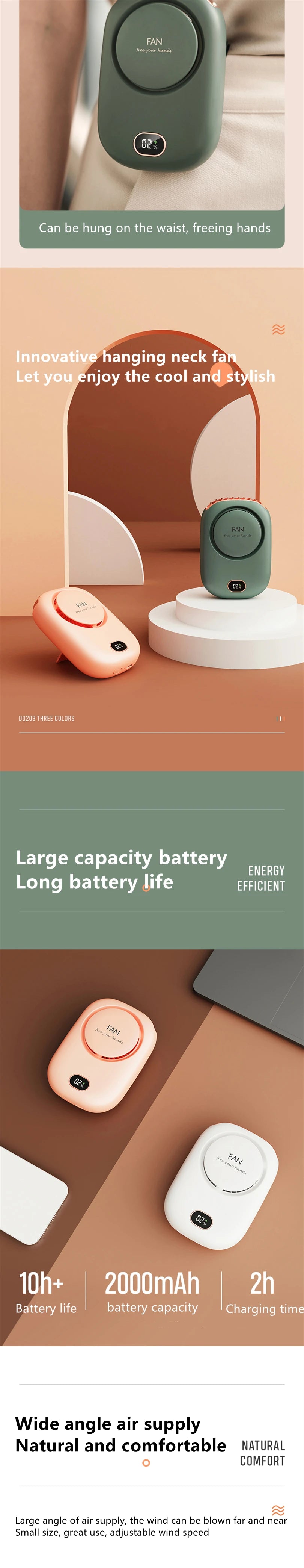 Wearable Personal 3 Speed USB Portable Fan DeskStand Touch Control Battery Powered Leafless Design For Indoor/Outdoor