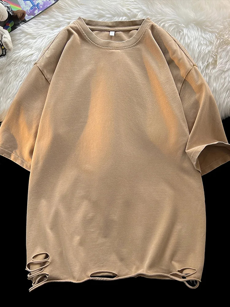Summer Men's T-shirts 260G Thick Cotton Oversized Tee Y2K Retro Streetwear Unisex Tops Big Size Distreessed Loose Ripped Tshirts
