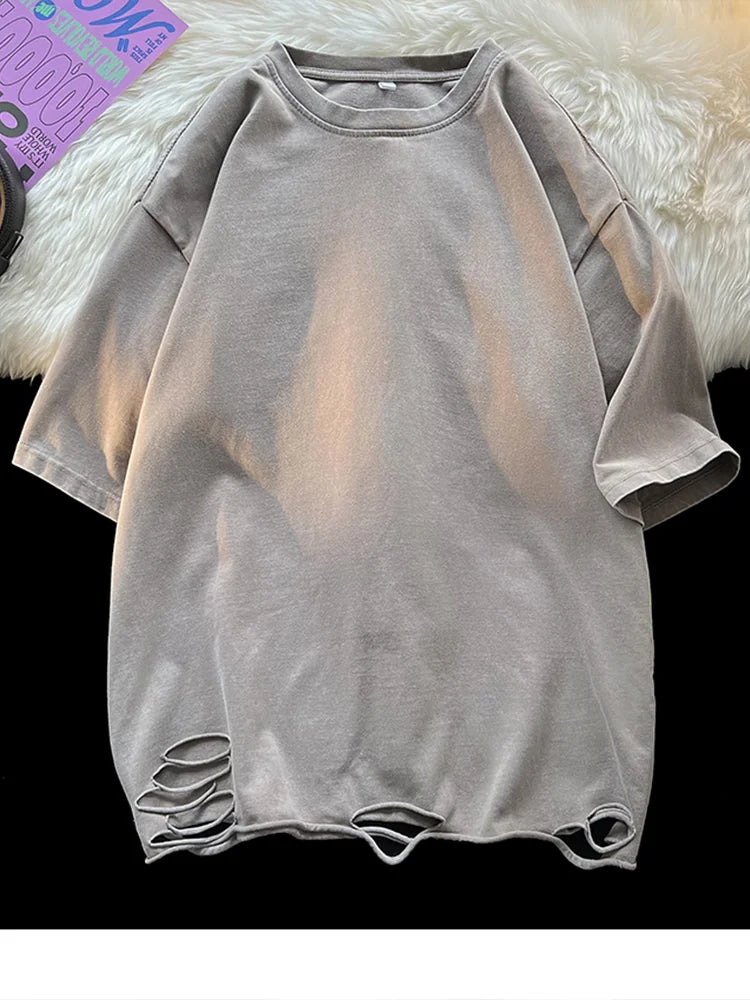 Summer Men's T-shirts 260G Thick Cotton Oversized Tee Y2K Retro Streetwear Unisex Tops Big Size Distreessed Loose Ripped Tshirts