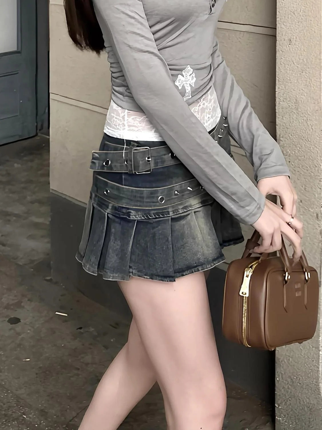 American Millennial Hot Girl Large Size Wash Heavy Work Double Belt Design Denim Pleated Skirt Women Fashion Design Skirt
