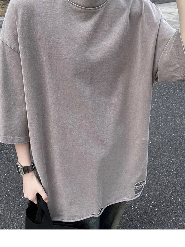 Summer Men's T-shirts 260G Thick Cotton Oversized Tee Y2K Retro Streetwear Unisex Tops Big Size Distreessed Loose Ripped Tshirts