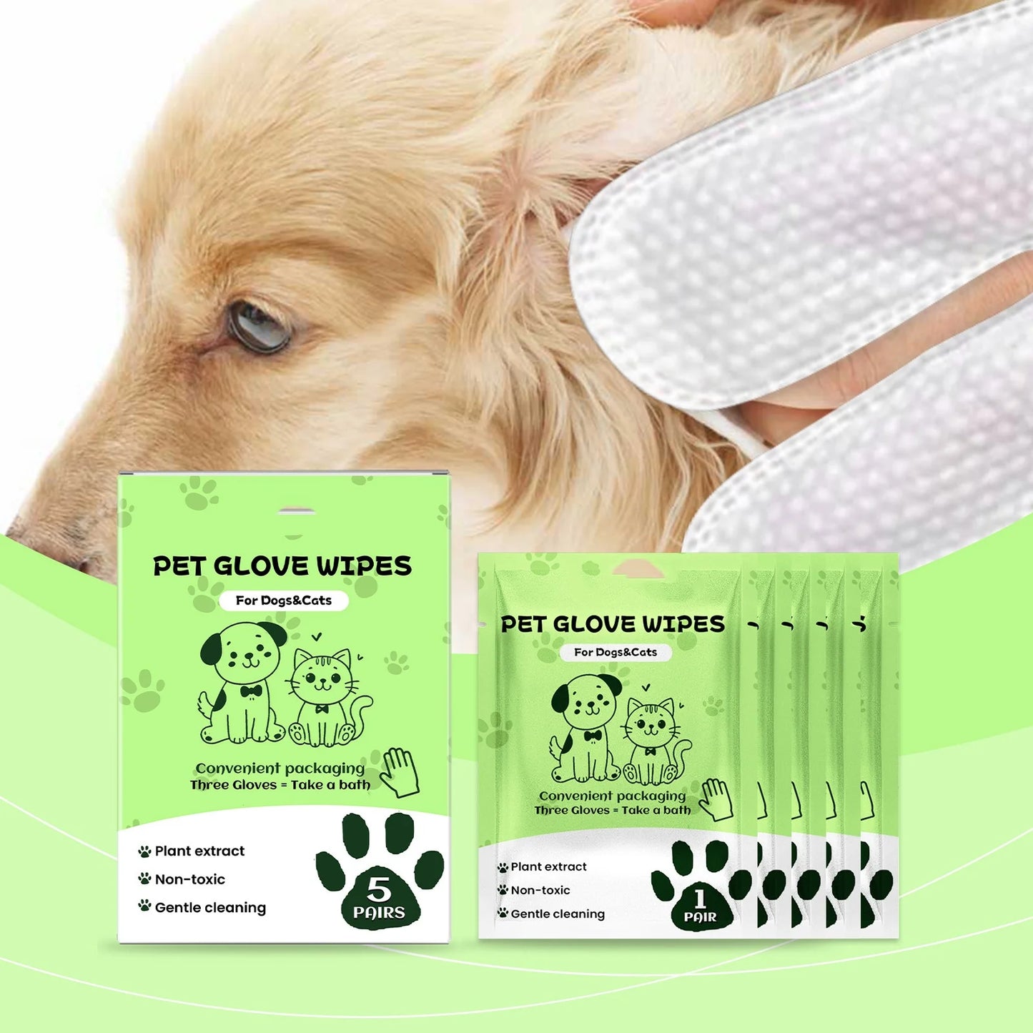 Pet glove wet wipes for dogs and cats, hypoallergenic, single-use, no rinsing required, 5-piece pack.
