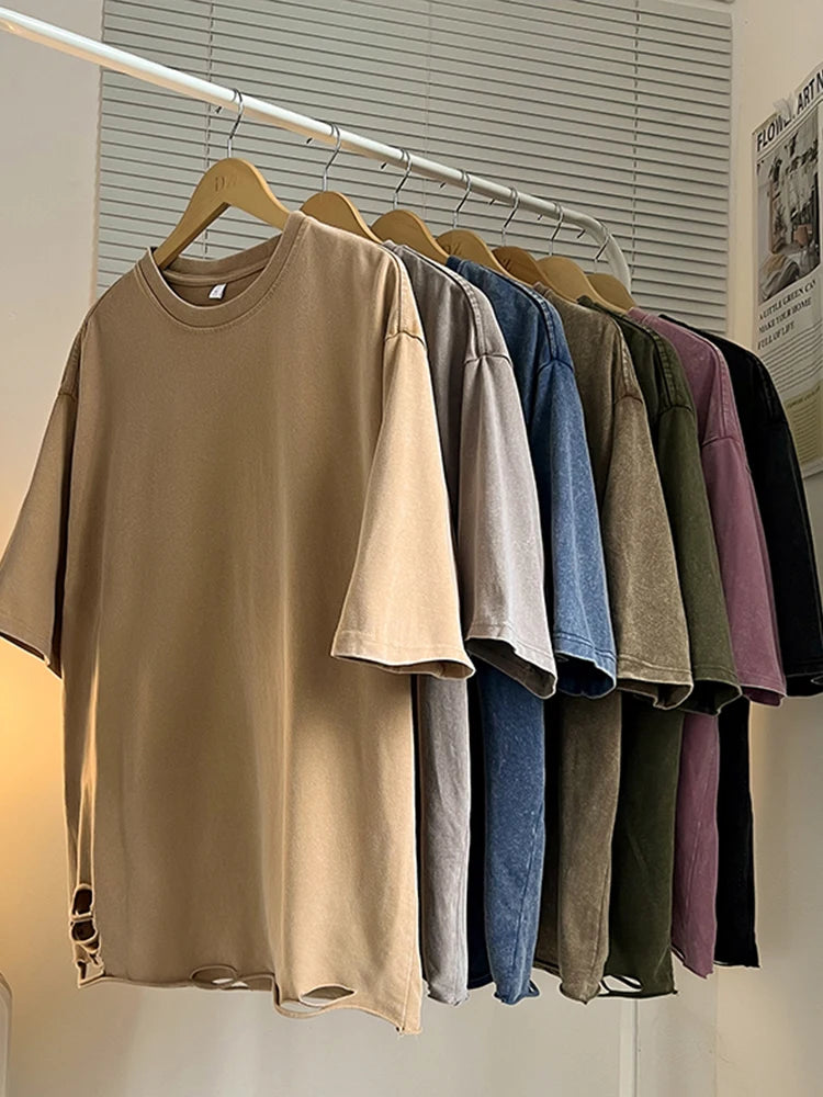 Summer Men's T-shirts 260G Thick Cotton Oversized Tee Y2K Retro Streetwear Unisex Tops Big Size Distreessed Loose Ripped Tshirts
