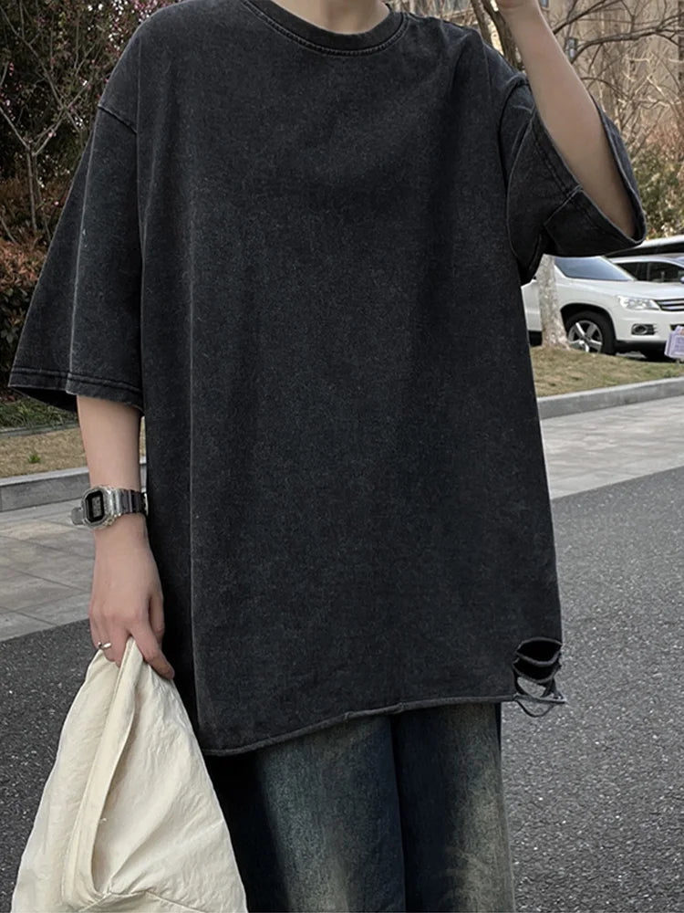 Summer Men's T-shirts 260G Thick Cotton Oversized Tee Y2K Retro Streetwear Unisex Tops Big Size Distreessed Loose Ripped Tshirts