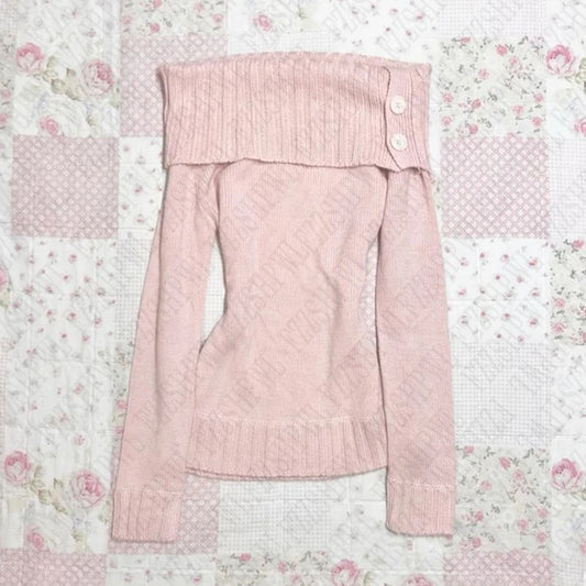 American vintage Harajuku Y2K aesthetic sweater casual slim fit long sleeve one-shoulder solid color pullover women's streetwear