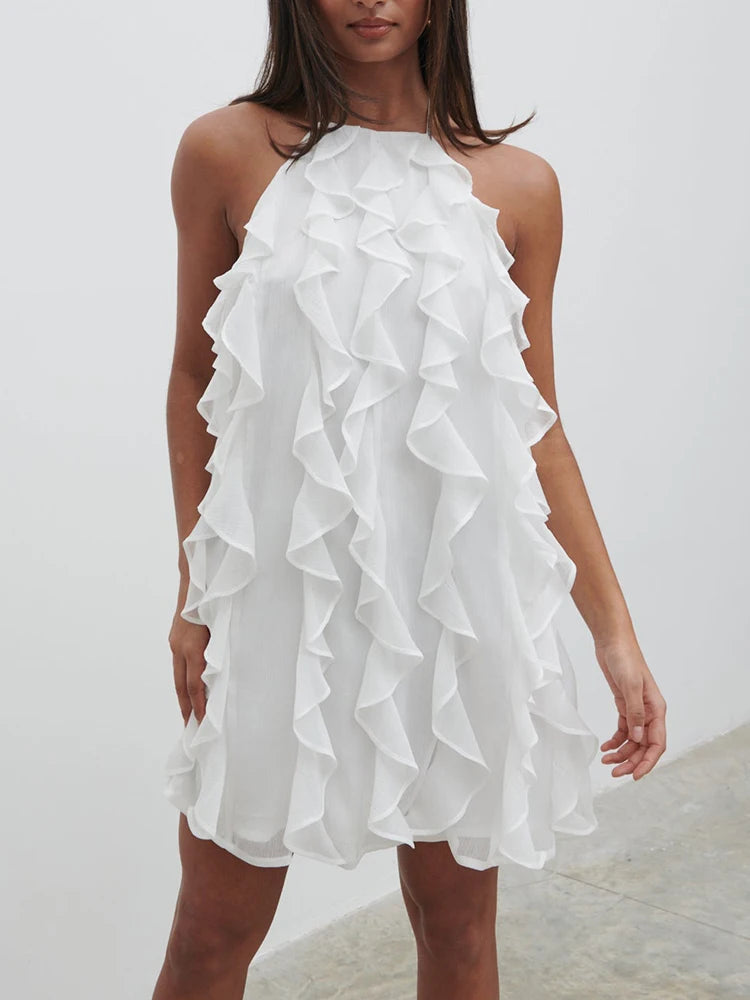 TWOTWINSTYLE Solid Patchwork Ruffles Mini Dress For Women Halter Sleeveless Backless High Waist Slimming Dresses Female Style