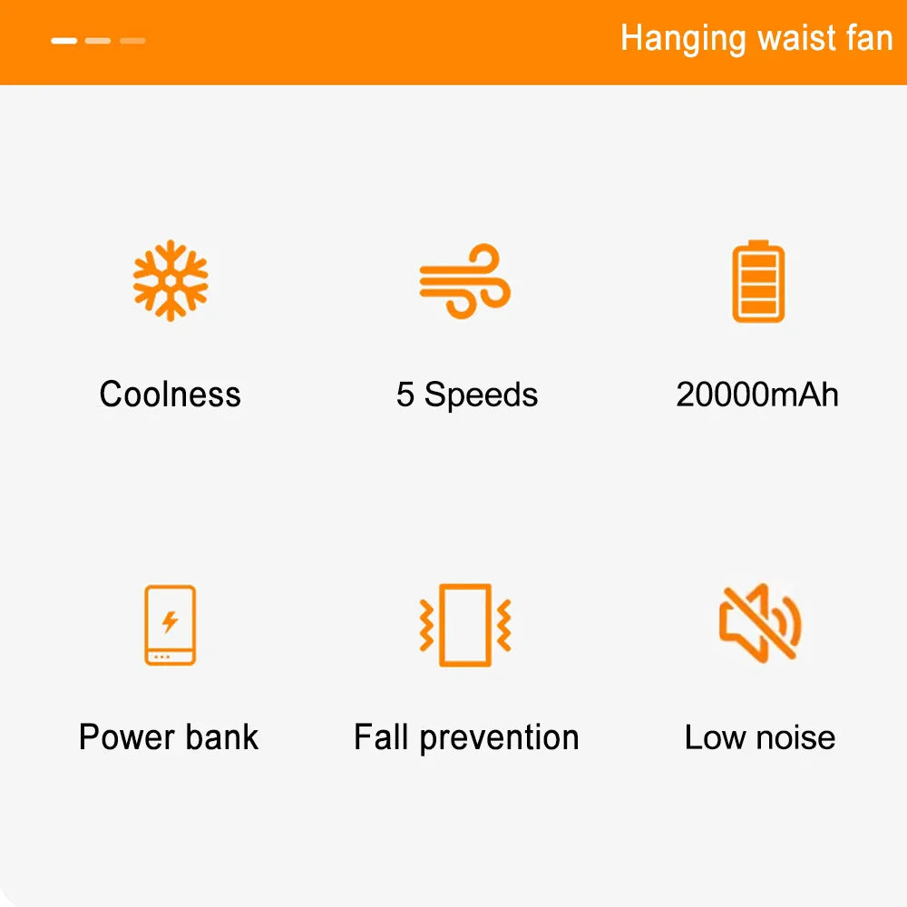 Portable Waist Clip Fan Wearable Mini USB Rechargeable Hanging Fan For Outdoor Working Double Air Outlet Waist Fan 20000Mah