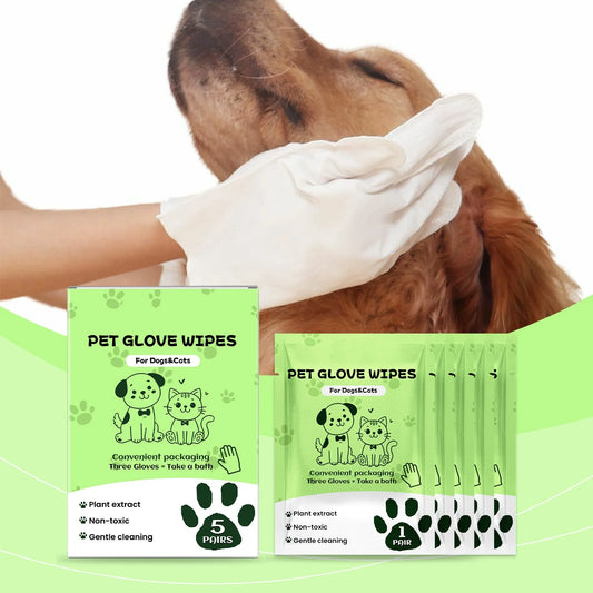 Pet glove wet wipes for dogs and cats, hypoallergenic, single-use, no rinsing required, 5-piece pack.