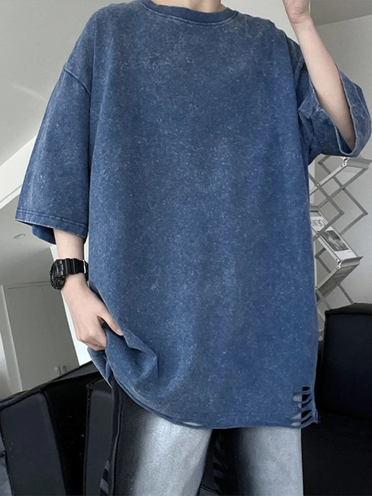 Summer Men's T-shirts 260G Thick Cotton Oversized Tee Y2K Retro Streetwear Unisex Tops Big Size Distreessed Loose Ripped Tshirts