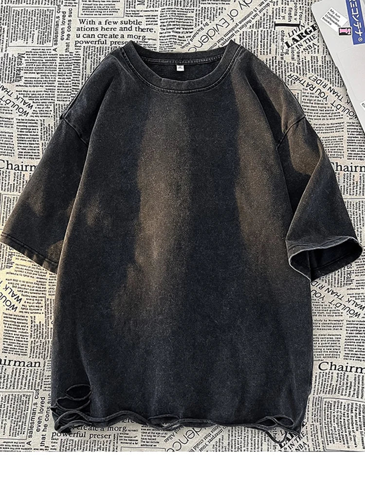 Summer Men's T-shirts 260G Thick Cotton Oversized Tee Y2K Retro Streetwear Unisex Tops Big Size Distreessed Loose Ripped Tshirts