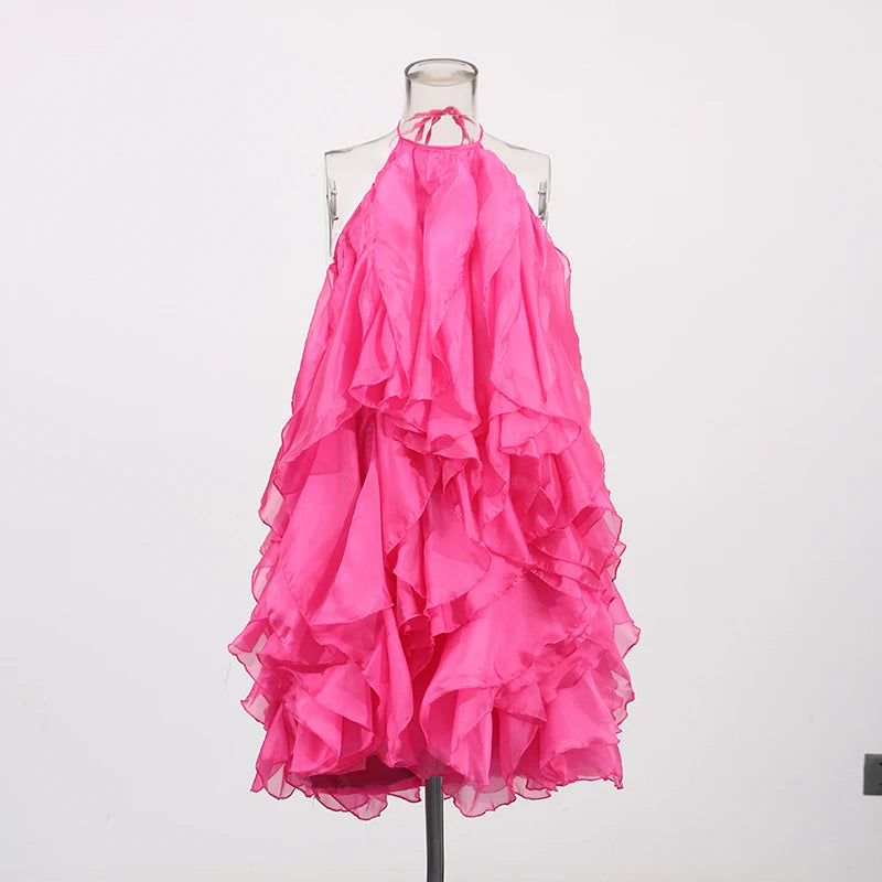 TWOTWINSTYLE Solid Patchwork Ruffles Mini Dress For Women Halter Sleeveless Backless High Waist Slimming Dresses Female Style