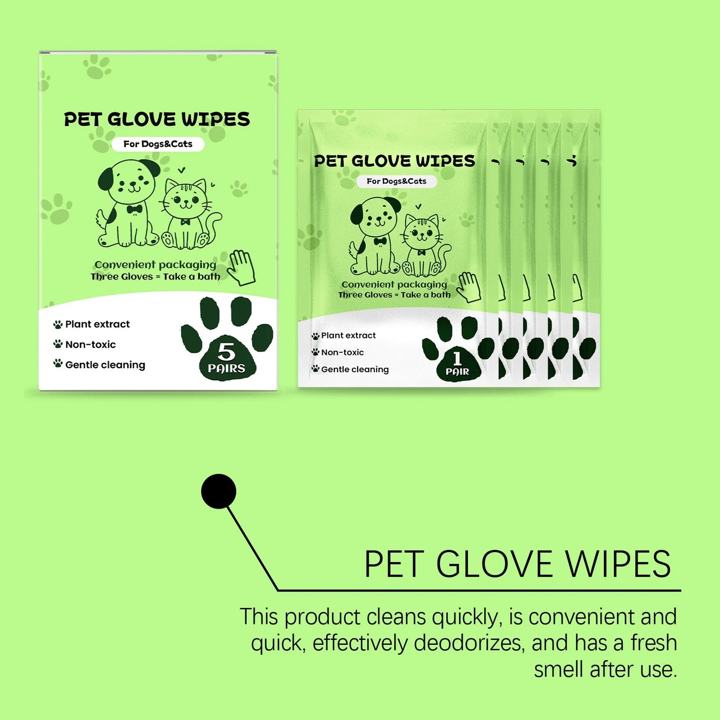Pet glove wet wipes for dogs and cats, hypoallergenic, single-use, no rinsing required, 5-piece pack.