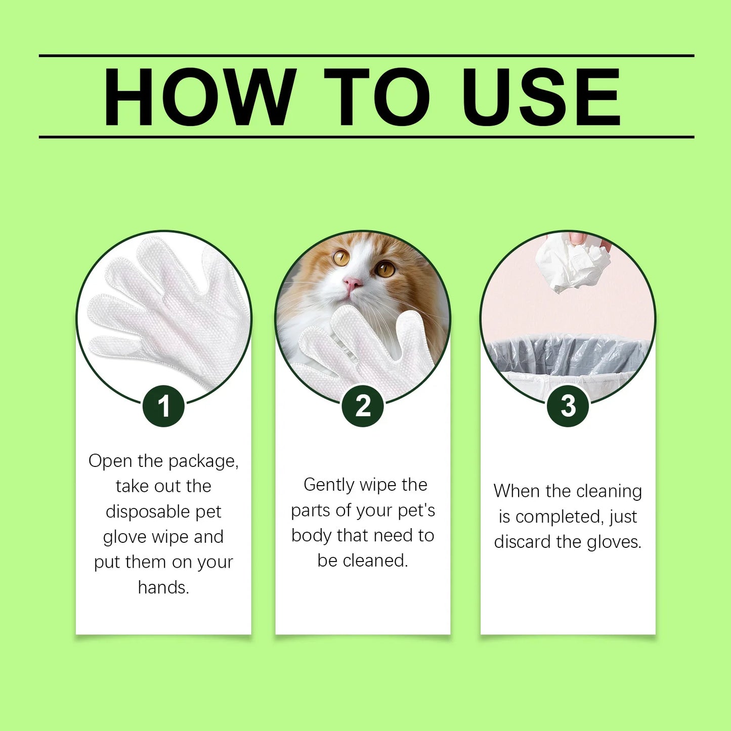 Pet glove wet wipes for dogs and cats, hypoallergenic, single-use, no rinsing required, 5-piece pack.