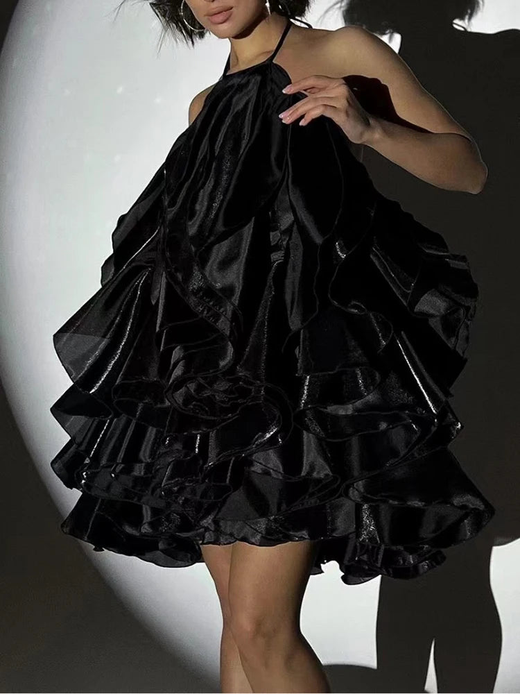 TWOTWINSTYLE Solid Patchwork Ruffles Mini Dress For Women Halter Sleeveless Backless High Waist Slimming Dresses Female Style