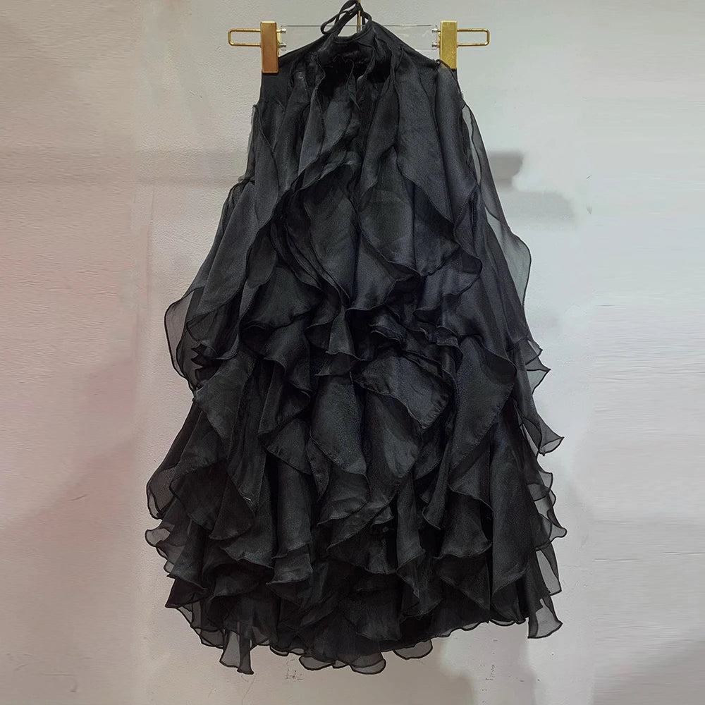 TWOTWINSTYLE Solid Patchwork Ruffles Mini Dress For Women Halter Sleeveless Backless High Waist Slimming Dresses Female Style