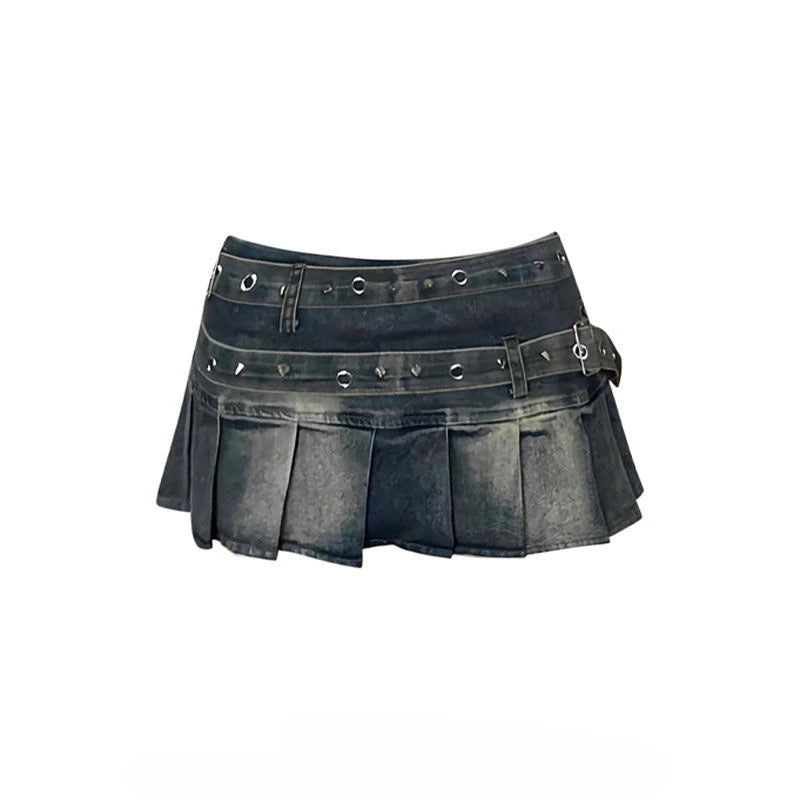 American Millennial Hot Girl Large Size Wash Heavy Work Double Belt Design Denim Pleated Skirt Women Fashion Design Skirt