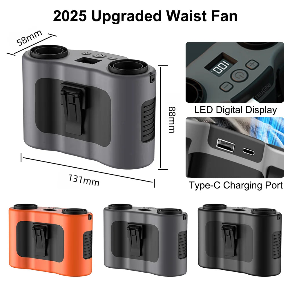 Portable Waist Clip Fan Wearable Mini USB Rechargeable Hanging Fan For Outdoor Working Double Air Outlet Waist Fan 20000Mah
