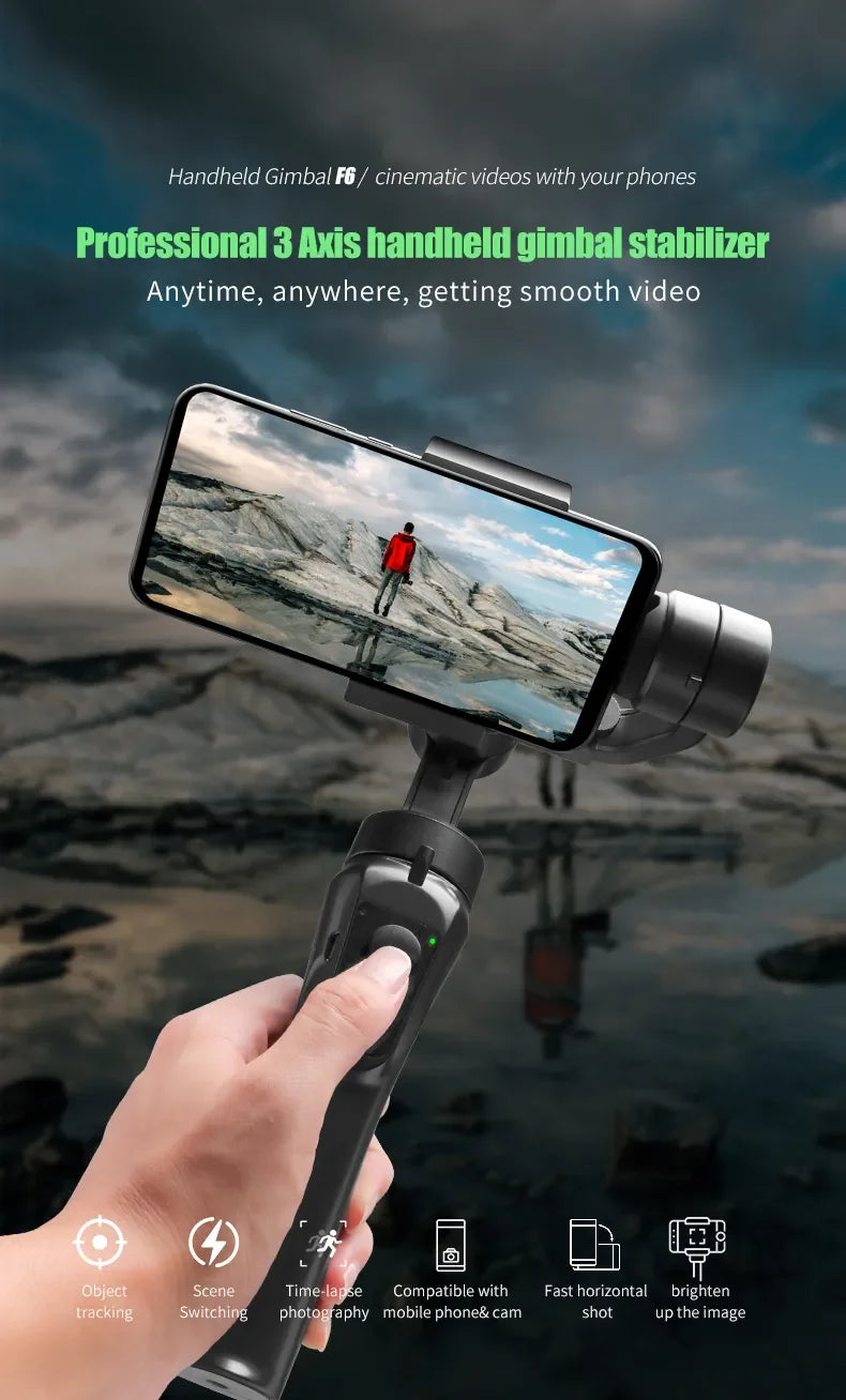 High Quality F6 Gimbal 3 Axis Cell Phone Control Flexible Handheld Camera Video Selfie Stick F6 for Face Tracking Vlog Selfie