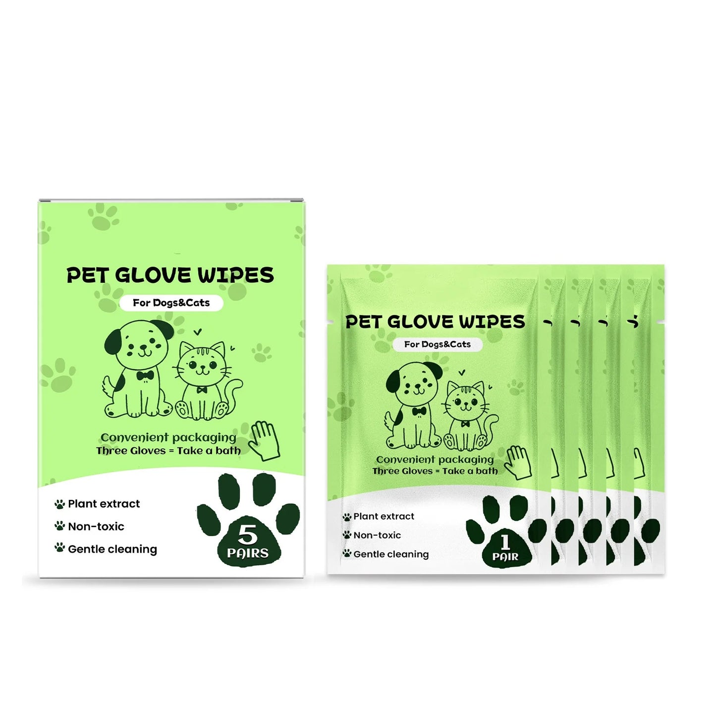 Pet glove wet wipes for dogs and cats, hypoallergenic, single-use, no rinsing required, 5-piece pack.