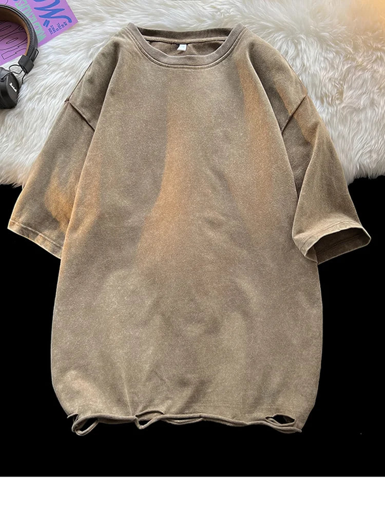 Summer Men's T-shirts 260G Thick Cotton Oversized Tee Y2K Retro Streetwear Unisex Tops Big Size Distreessed Loose Ripped Tshirts