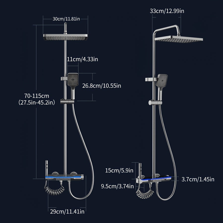 Aluminum Handheld Showerhead with Digital Temperature Display, Wall Mount Square Rainfall Shower Set with Hydroelectric Power, Ambient Lighting, Painted Finish - Water Saving, Increased Pressure Bath Set