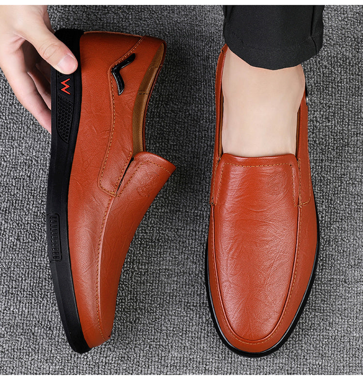CLOHOO Men's Slip-On Casual Shoes - Genuine Leather Upper, Rubber Sole with PU Cushioned Insole, All-Season Comfort for Business & Vacation, Brown/Black, Casual Footwear | Classic Slipon | Rubber Sole Footwear