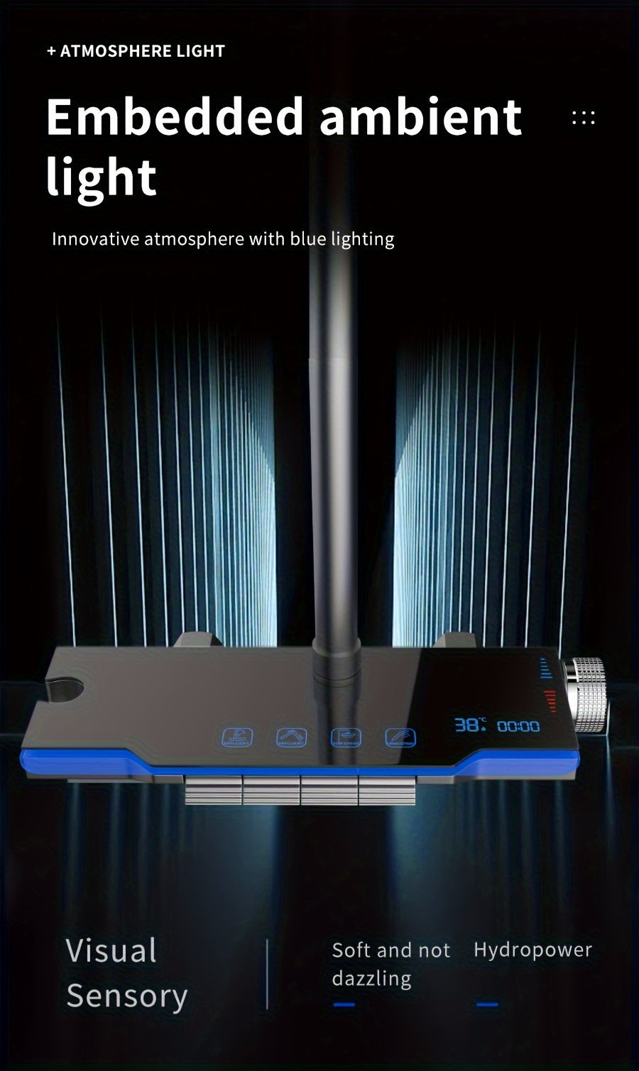 Aluminum Handheld Showerhead with Digital Temperature Display, Wall Mount Square Rainfall Shower Set with Hydroelectric Power, Ambient Lighting, Painted Finish - Water Saving, Increased Pressure Bath Set