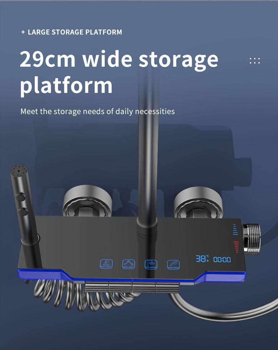 Aluminum Handheld Showerhead with Digital Temperature Display, Wall Mount Square Rainfall Shower Set with Hydroelectric Power, Ambient Lighting, Painted Finish - Water Saving, Increased Pressure Bath Set